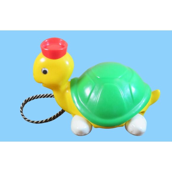 Vintage 1980 Blue Box Pull-Along Turtle Toy with Red Sailor's Hat - Picture 4 of 5